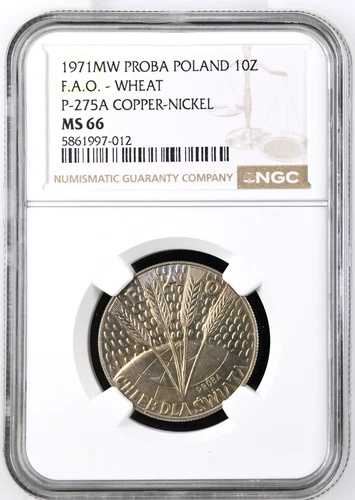 1971年-MW ポーランド 10ズウォティッチ FAO 小麦 CuNI 銅ニッケル貨 Proba NGC MS66