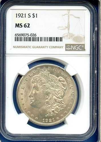 1921 S NGC MS62 モルガン銀貨 $1 米国造幣局 希少 1921-S MS-62 ブラストホワイト