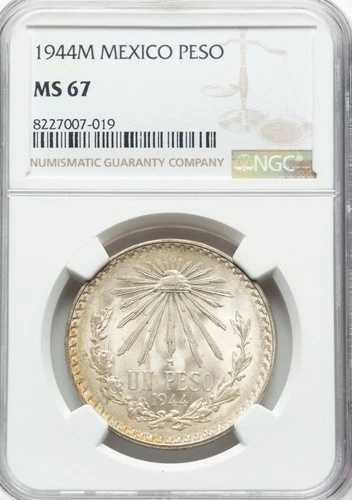 1944年-メキシコ-シルバーUn Peso-NGC MS67-素晴らしい宝石-フロスティ ジェントルリムトーン付き-きれい-