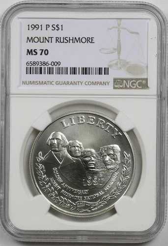 1991-P ラシュモア山 1ドル NGC MS 70 現代記念銀貨