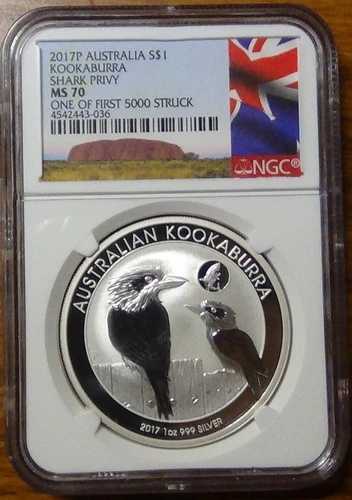2017-P オーストラリア クーカブラ ~ シャーク プライビー ~ シルバー $1 ~ NGC MS70 282点中1点