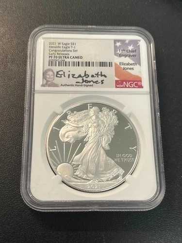 2021 W プルーフ シルバー イーグル NGC PR-70 DCAM - プルーフ ASE - ジョーンズ直筆サイン入り - スラブ - $1