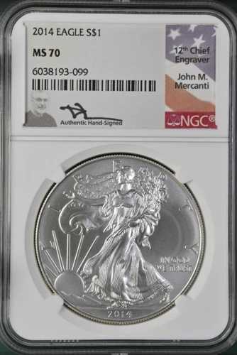 2014年 アメリカンシルバーイーグル ASE NGC MS70 ジョン・マーカンティ直筆サイン入り フラッグラベル ローポップ