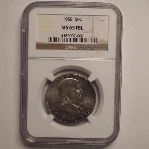 1958年 *P* フランクリン ハーフダラー NGC MS-65 FBL *ミントセットトーニング* - 送料無料! G1456