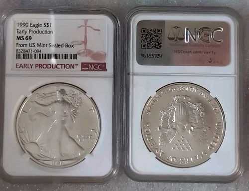 1990年 アメリカン シルバー イーグル NGC MS-69 初期生産 未開封 米国造幣局箱入り