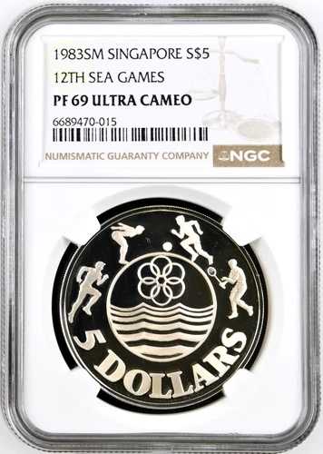1983-SM シンガポール銀貨 S$5ドル 第12回シーゲームズ NGC PF 69 ウルトラカメオ
