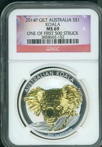 2014 ( 2014-P ) $1 S$1 オーストラリア 金メッキ 金箔 コアラ 1 オンス シルバー NGC MS69 !!