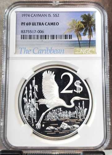 1974年 ケイマン諸島 銀貨 2ドル オオアオサギ NGC PF 69 ウルトラカメオ