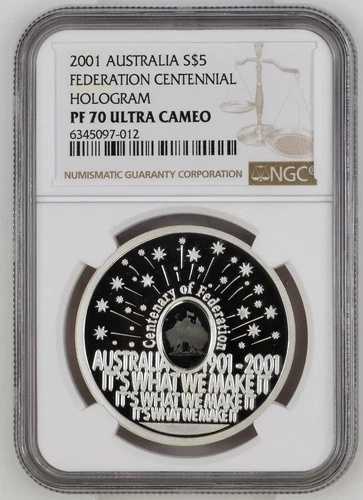 2001年 オーストラリア 5シンガポールドル銀貨 連邦100周年記念ホログラム NGC PF 70 UC