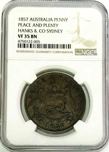 1857年 オーストラリア 1ペニー ハンクス＆カンパニー ピース・アンド・プレンティ シドニー NGC 非常に良好な状態 350億