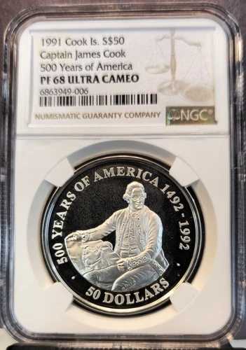 1991年 クック・イズ・シルバー 50ドル キャプテン・ジェームズ・クック NGC PF 68 ウルトラカメオ トップポップ