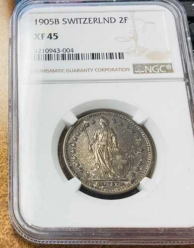 スイス 2フラン 1905 B シルバー、NGC XF 45 リッチトーニング KM21