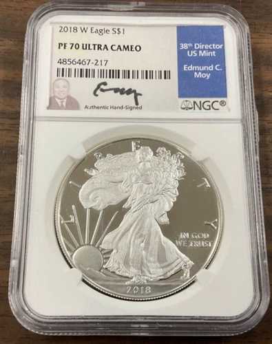 2018-W プルーフ シルバー イーグル NGC PF70 ウルトラカメオ - エドマンド・C・モイ直筆サイン入り