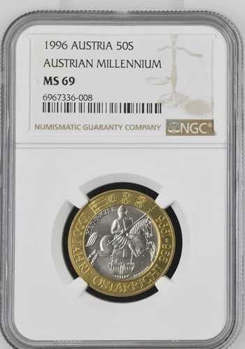 1996年オーストリア、50シリング千年記念金貨、バイメタル - NGC MS 69