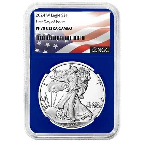2024-W プルーフ $1 アメリカン シルバー イーグル NGC PF70UC FDI フラッグ ラベル ブルー コア