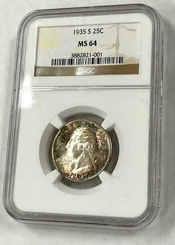 1935-S ワシントン 25セント NGC MS64 ホワイトセンター、赤と青のレインボートーン