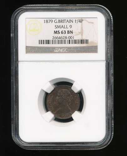 1879年 スモールナイン (9) ビクトリア グレートブリテン ファージング 1/4P NGC MS 63 ブラウン (BN)