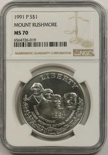 1991-P ラシュモア山現代記念銀貨 $1 MS 70 NGC