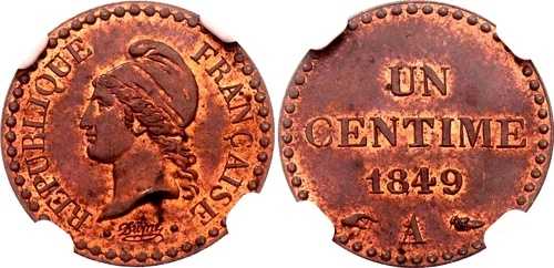フランス 1 サンタイム 1849 A NGC MS63 RB KM# 754 ブロンズ コイン E のアクセント