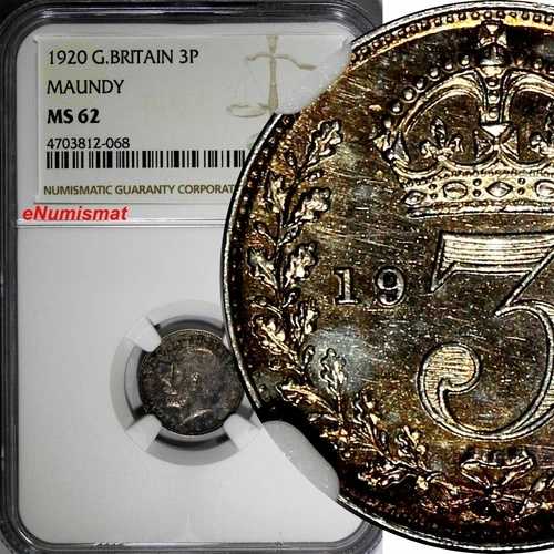 イギリス ジョージ5世 1920年 3ペンス マウンディ NGC MS62 レインボートーン KM# 813 (68)