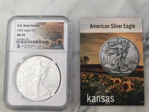 7K 米国州シリーズ カンザス 2022 $1 アメリカンシルバーイーグルコイン、NGC MS 70 カード付き