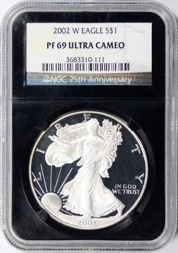 2002-W プルーフ $1 アメリカン シルバー イーグル NGC レトロ PF69UCAM NGC 25周年記念