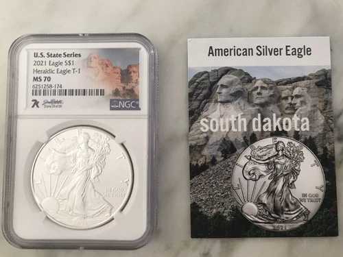 7K 米国州シリーズ サウスダコタ 2021 $1 アメリカンシルバーイーグルコイン、NGC MS 70 カード