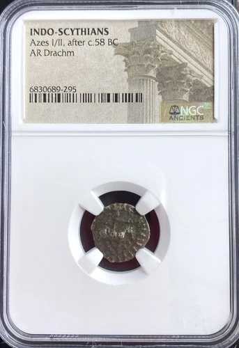古代ギリシャ・インド・スキタイ銀貨 ドラクマ 紀元前58年 アゼス 1/11 正規NGC認定