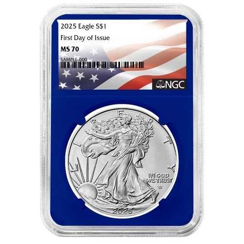 2025年 1ドル 1オンス アメリカンシルバーイーグル NGC MS70 FDI旗ラベル ブルーコア