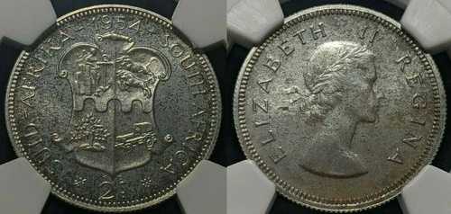 南アフリカ 1954年 プルーフ 2シリング 2/- NGC PF66 GEM UNC KM# 50 #1651