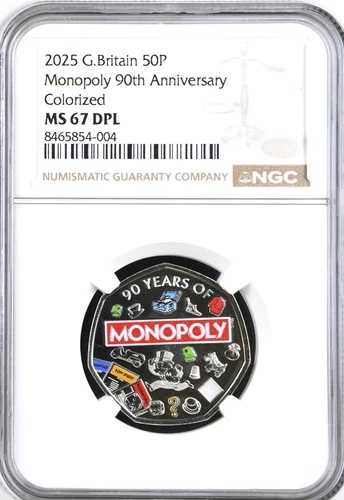 2025 50ペンス モノポリー 90th MS67 NGC イギリス 50ペンス カラー化 未使用