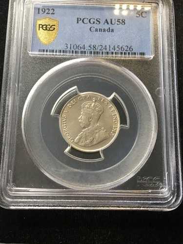 1922年（近）PCGS認定カナダ貨幣、5セント、**AU-58** #5626