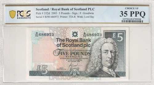 スコットランド 2005 5ポンド ?5 PLC PCGS Choice VF 35 PPQ Pick# 352d