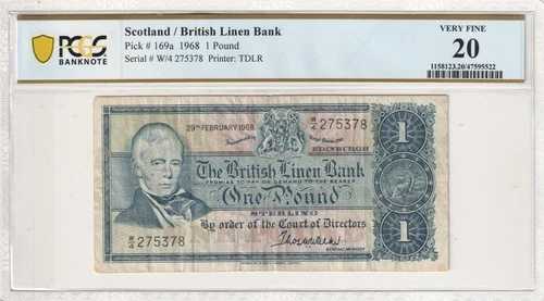 スコットランド 1968 ポンド ?1 ブリティッシュリネンバンク PCGS VF 20 非常に良好な状態 ピック番号 169a #3925