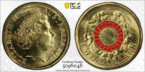 2015年 2ドル硬貨 - PCGS MS65 - 未使用 Lest We Forget カラーQEIIスラブ