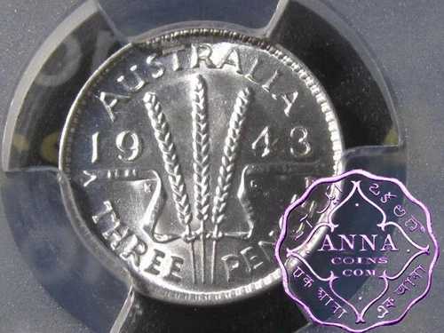 オーストラリア 1943 D スリーペンス PCGS MS65