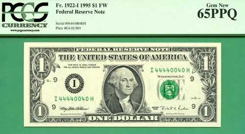 バイナリ シリアル 44440040 - $1 FRN 1995 - PCGS GEM 65 PPQ - バイナリ シリアル 44440040