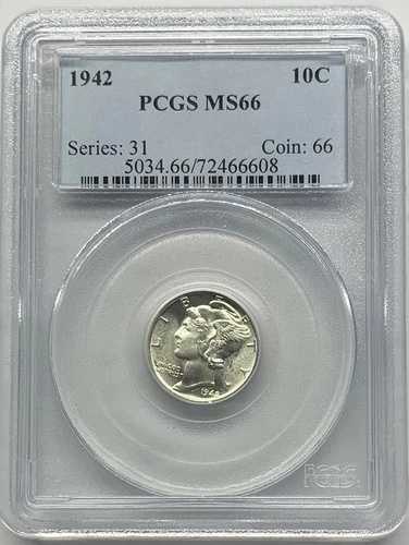 1942年 マーキュリー、ウィングド、リバティヘッドダイム、リバティ10セント 10C PCGS MS66