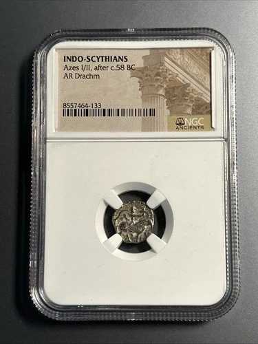 インド・スキタイ文明のドラクマ銀貨（紀元前58年頃以降）NGC認定古代アゼスI/II
