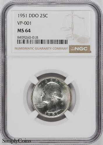1951 DDO ワシントン クォーター NGC MS64 ダブルダイ 表面 VP-001 ~ 14 のうちの 1 つ!