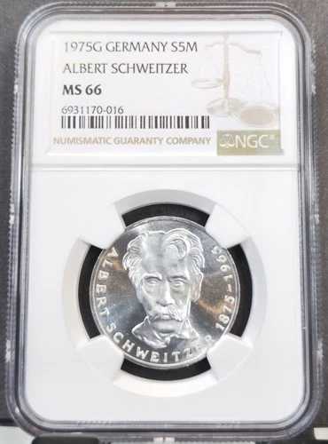 1975年 ドイツ シルバー 5 マーク アルバート シュバイツァー NGC MS 66 希少 高品位