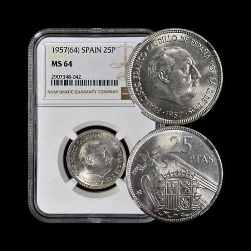 スペイン。1964年、25ペセタ - NGC MS64 - フランコ、1957年、スター64付き