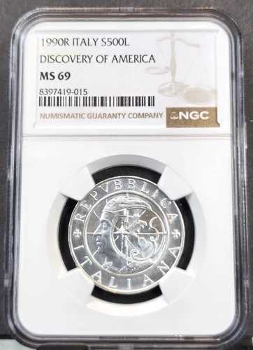 1990年 イタリア 銀貨 500リラ アメリカ発見 NGC MS 69 希少高品位宝石 BU