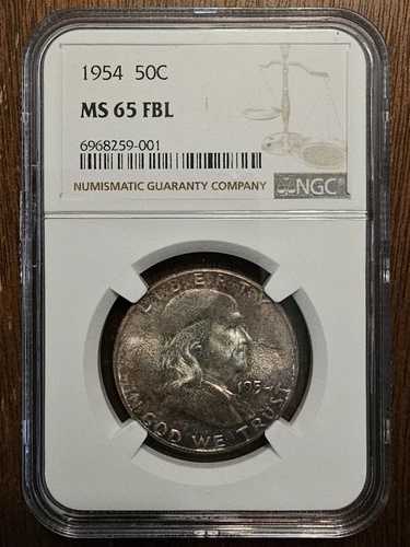 美しい色合いの1954年製 BU 50C シルバー フランクリン ハーフダラー NGC MS 65 FBL