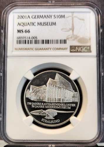 2001年 ドイツ シルバー 10マーク S10M アクアティックミュージアム NGC MS 66 希少宝石 BU