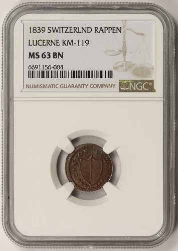 1839年 スイス スイス州 ルツェルン ラッペン 銅 KM-119 MS 63 BN NGC