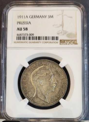 1911年 ドイツ 銀貨 3マルク プロイセン ヴィルヘルム2世 NGC AU 58 ニース硬貨