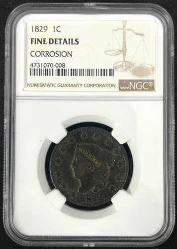 1829年 1セント コロネットヘッド ラージセント - NGC ファインディテール 腐食