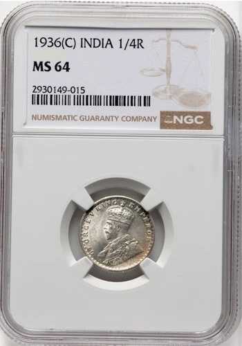 インド イギリス ジョージ6世 1936-C 1/4ルピー硬貨、未流通、NGC MS64認定