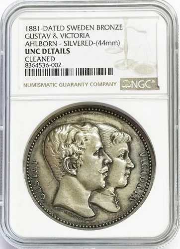 1881年 スウェーデン グスタフ＆ヴィクトリア結婚記念 銀メッキ銅メダル NGC 未流通*